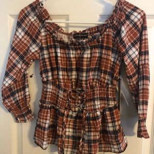 Plaid Low Shoulder Blouse